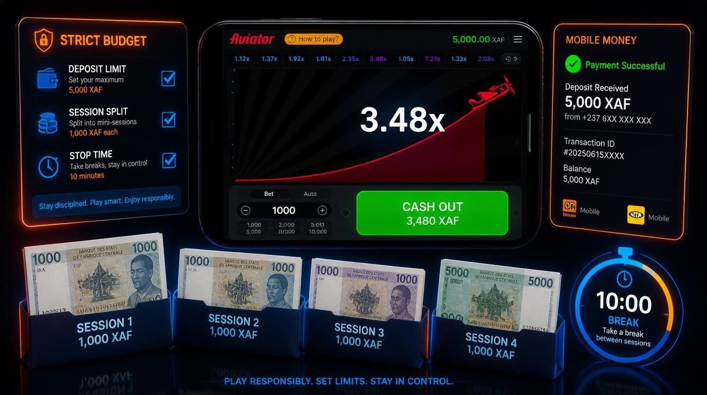 Aviator casino interface on a phone with a strict budget checklist, XAF session split, and mobile money deposit