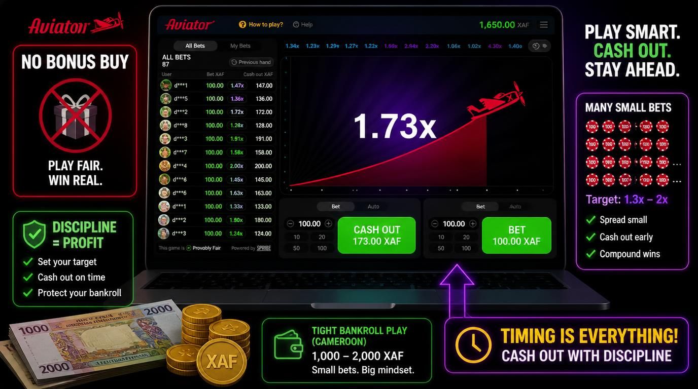 Aviator interface showing no Bonus Buy, focus on cashout timing, and small XAF bankroll strategy